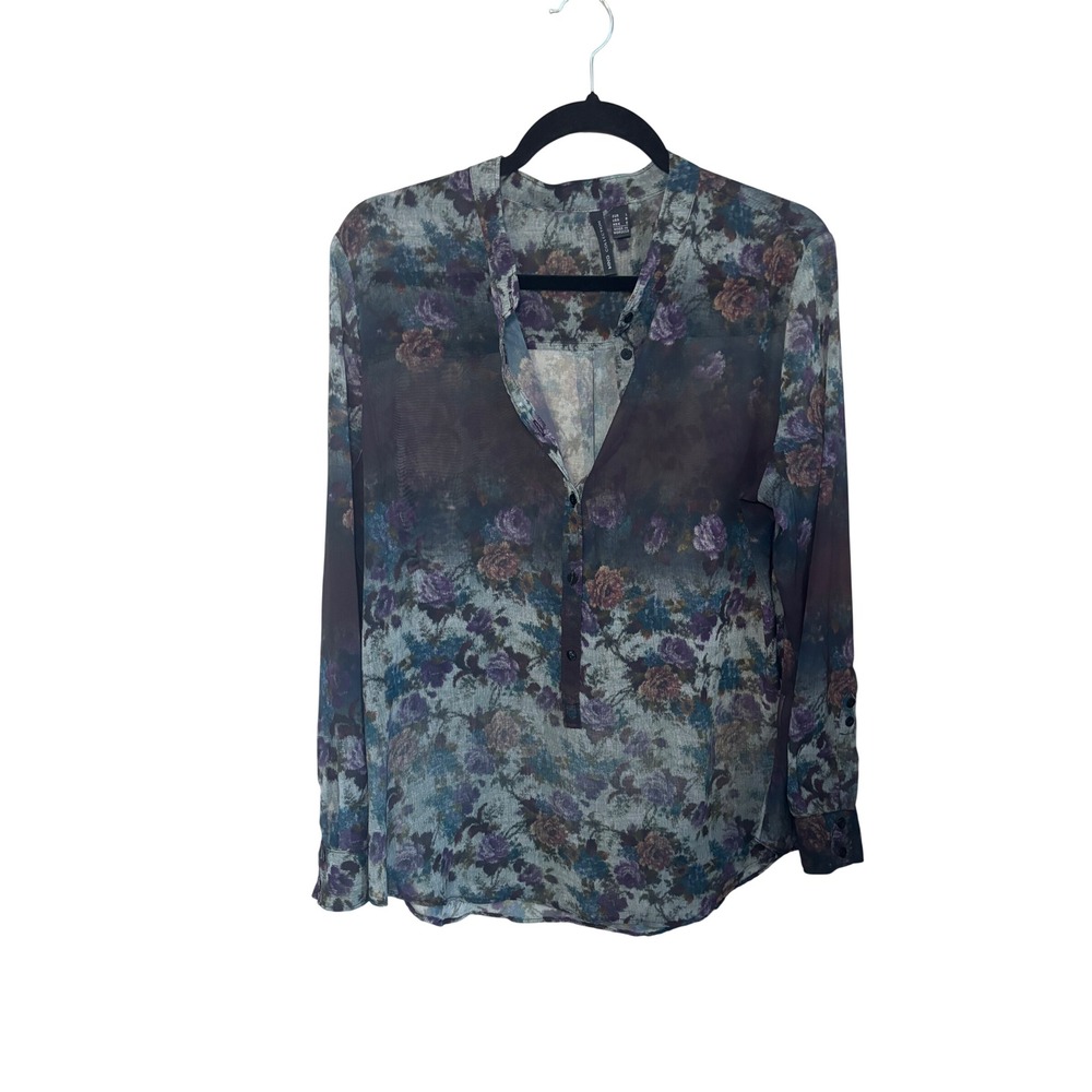 MNG Collection Womens Blouse 8 Multicolor Sheer Floral Button Up Dark‎ Academia